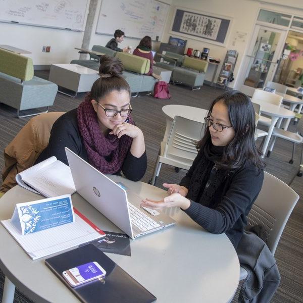 两个女学生在笔记本电脑前一起学习